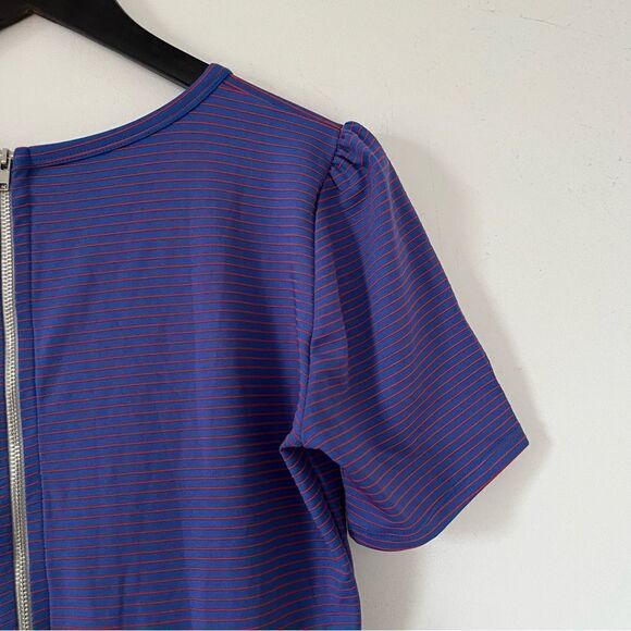 LulaRoe Amelia Red Blue Shimmer Stripe Short Sleeve Fit & Flair Dress - Picture 8 of 12